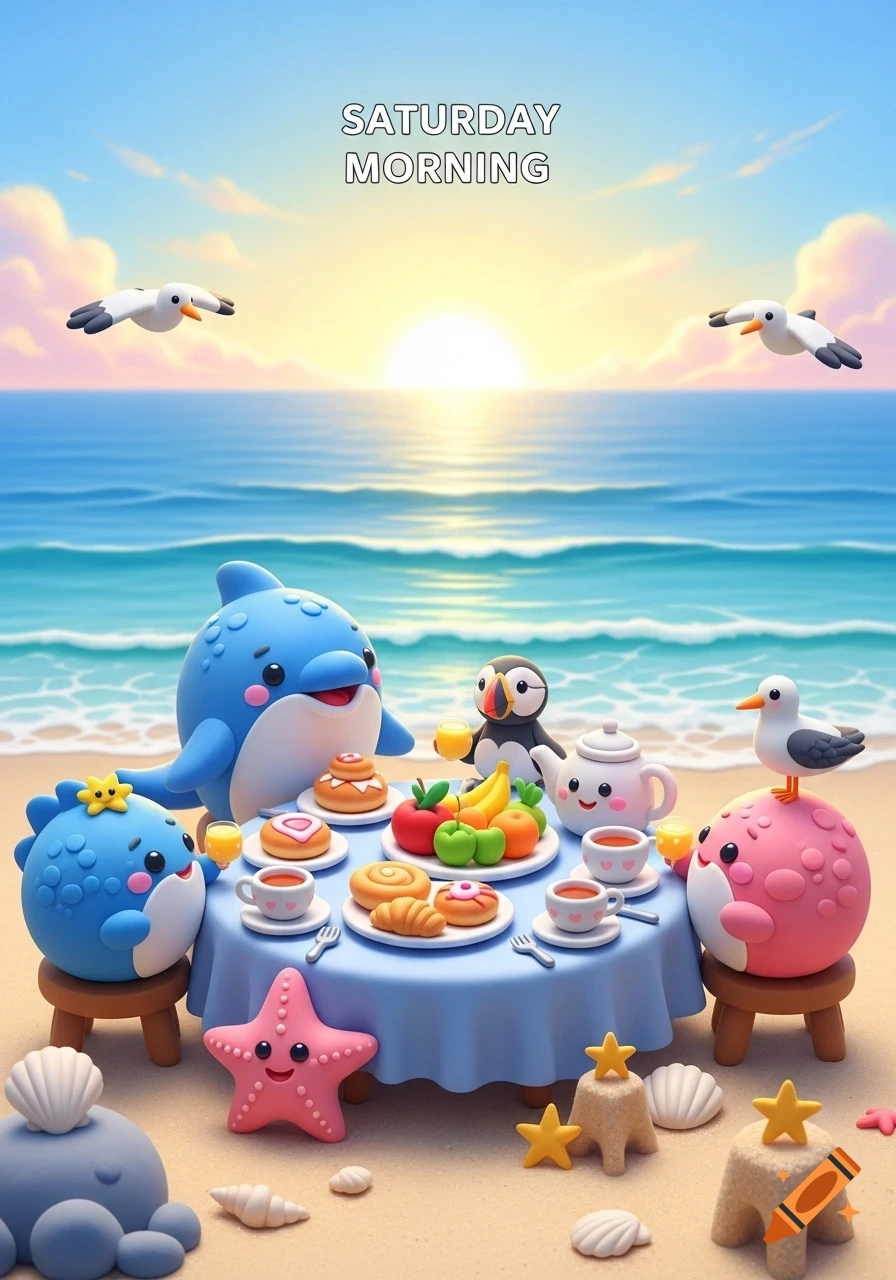 Claymation ocean animals have breakfast on a sunny beach with 'SATURDAY MORNING' text in the sky.