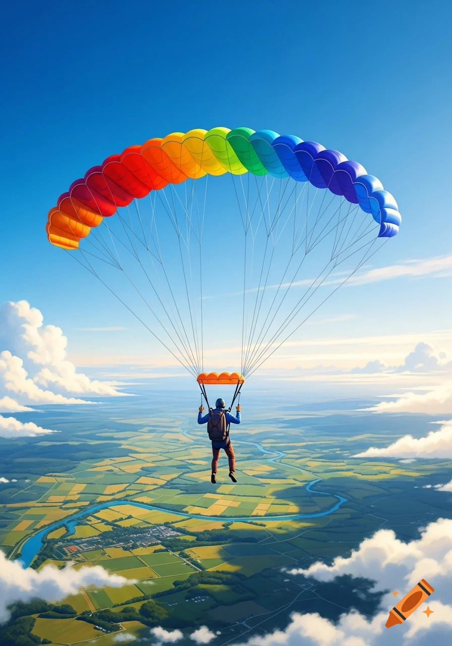 A person with a vibrant rainbow parachute floats high above a vast green landscape with a winding river and white clouds.