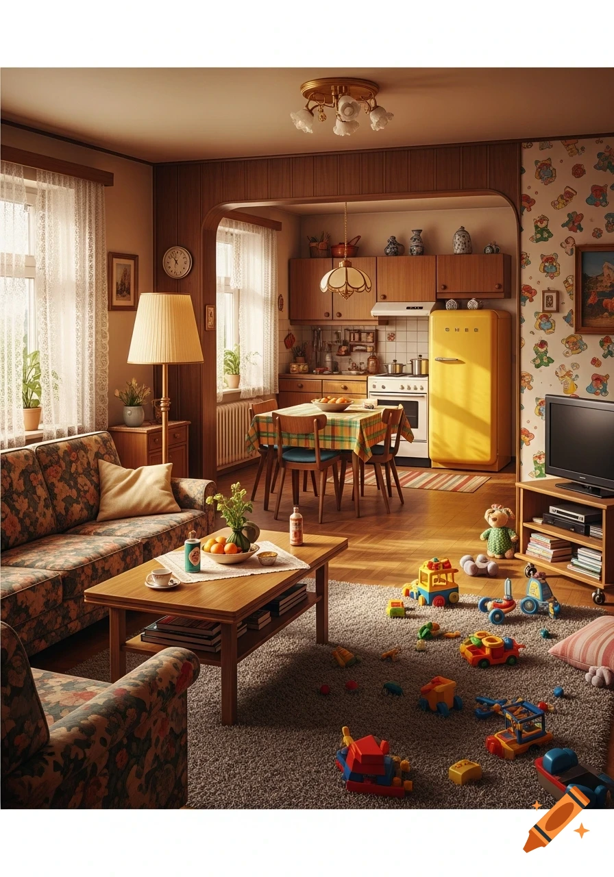 A vintage-style open-plan living room and kitchen, cluttered with toys. Features a yellow SMEG fridge, floral couch, and wood furniture. Photorealistic.