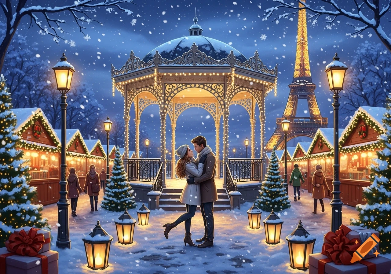 A romantic couple embraces in a snowy Parisian Christmas market with the Eiffel Tower and festive lights.