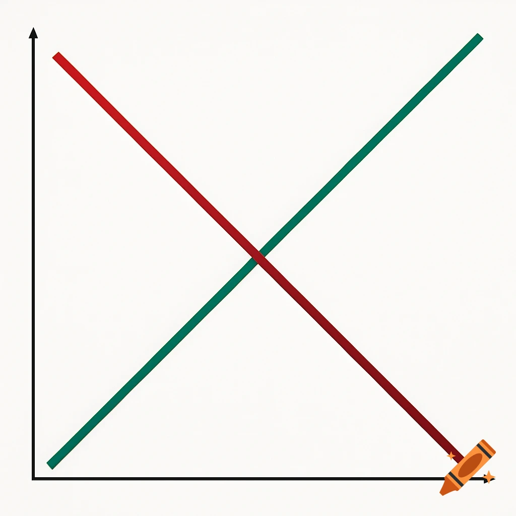 A simple graph with black x and y axes, featuring two intersecting diagonal lines: one green line ascending from bottom-left to top-right, and one red line descending from top-left to bottom-right.