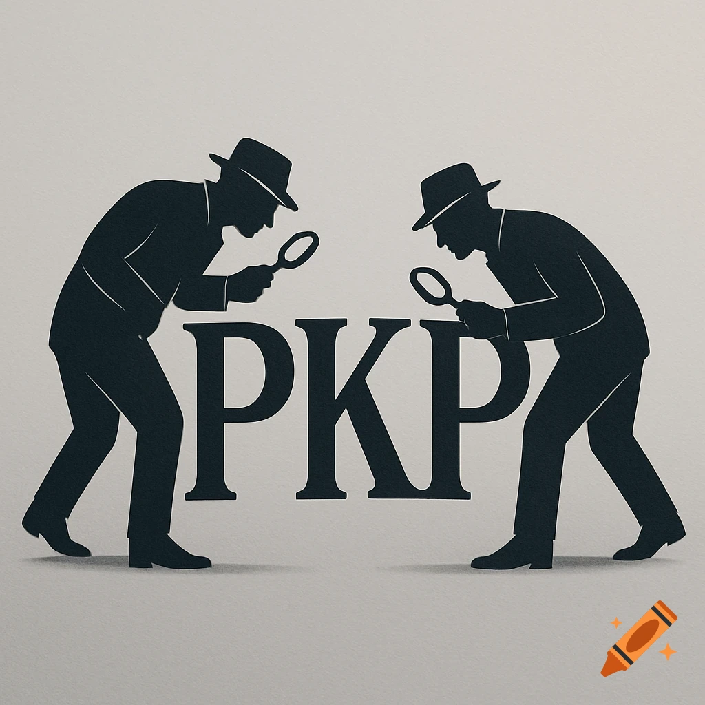 Minimalist silhouette illustration of two men in hats holding magnifying glasses, examining the large letters "PKP" in the center.