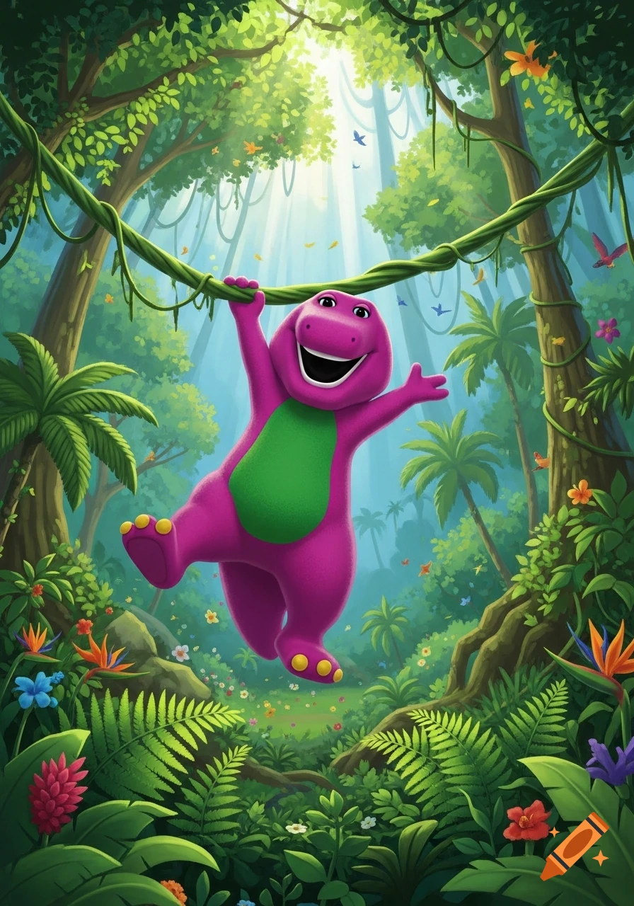 Barney the dinosaur swinging on a green vine in a lush, sunlit jungle, cartoon illustration.