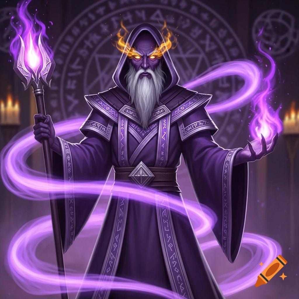 A powerful purple wizard with glowing yellow eyes, a white beard, and a staff, surrounded by purple magical energy. He wears a dark purple robe with runic patterns, standing in a dim, magical chamber.