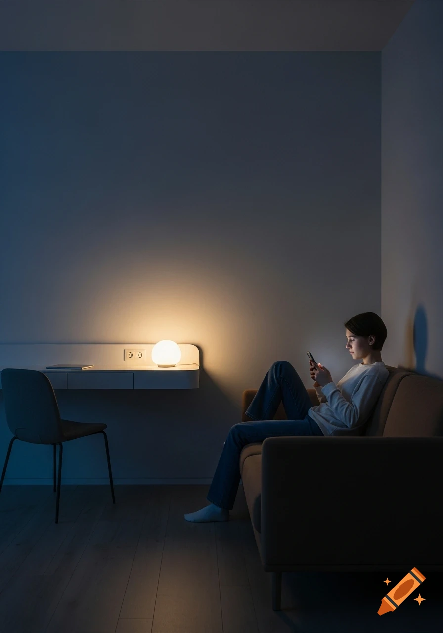 A person on a couch looks at their phone in a dimly lit modern room with a desk and lamp.