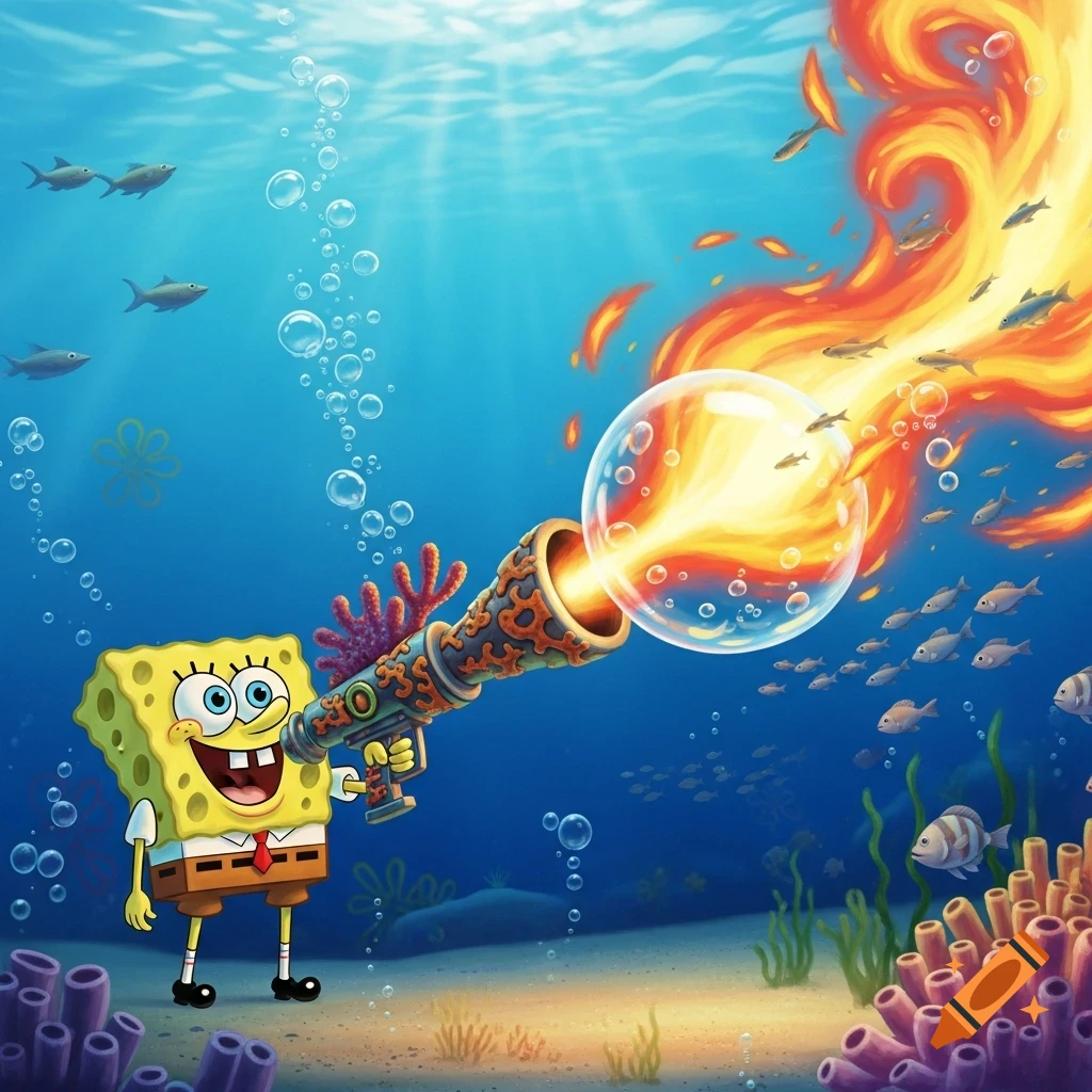 Spongebob Squarepants stands on the ocean floor, aiming an ornate flamethrower that shoots fire encased in a bubble, surrounded by fish and coral.