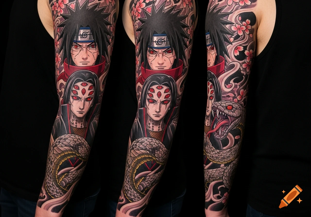 Colorful full-sleeve Naruto tattoo with Madara, Pain with multiple red eyes, and a large snake amidst cherry blossoms.