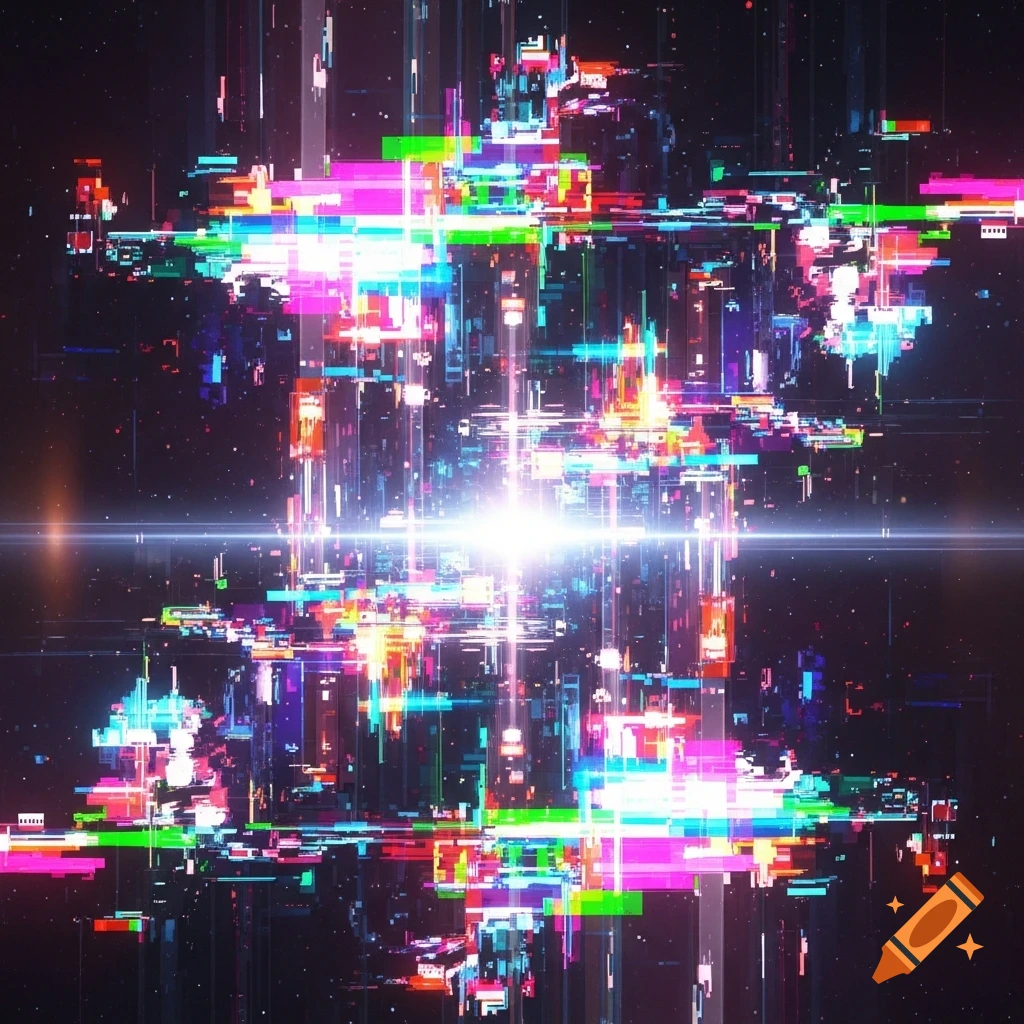 Vibrant digital glitch art with fragmented colorful blocks, streaks of light, and a bright central glow against a dark background.