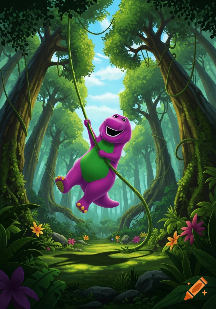 Cartoon Barney the dinosaur happily swings on a long green vine in a lush jungle.