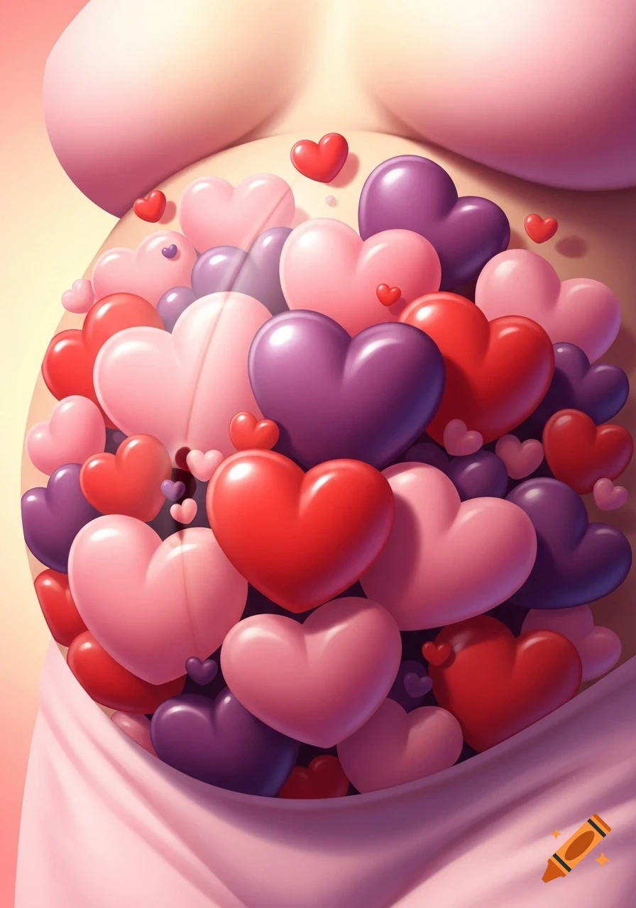 Stylized image of a belly filled with numerous pink, red, and purple hearts.