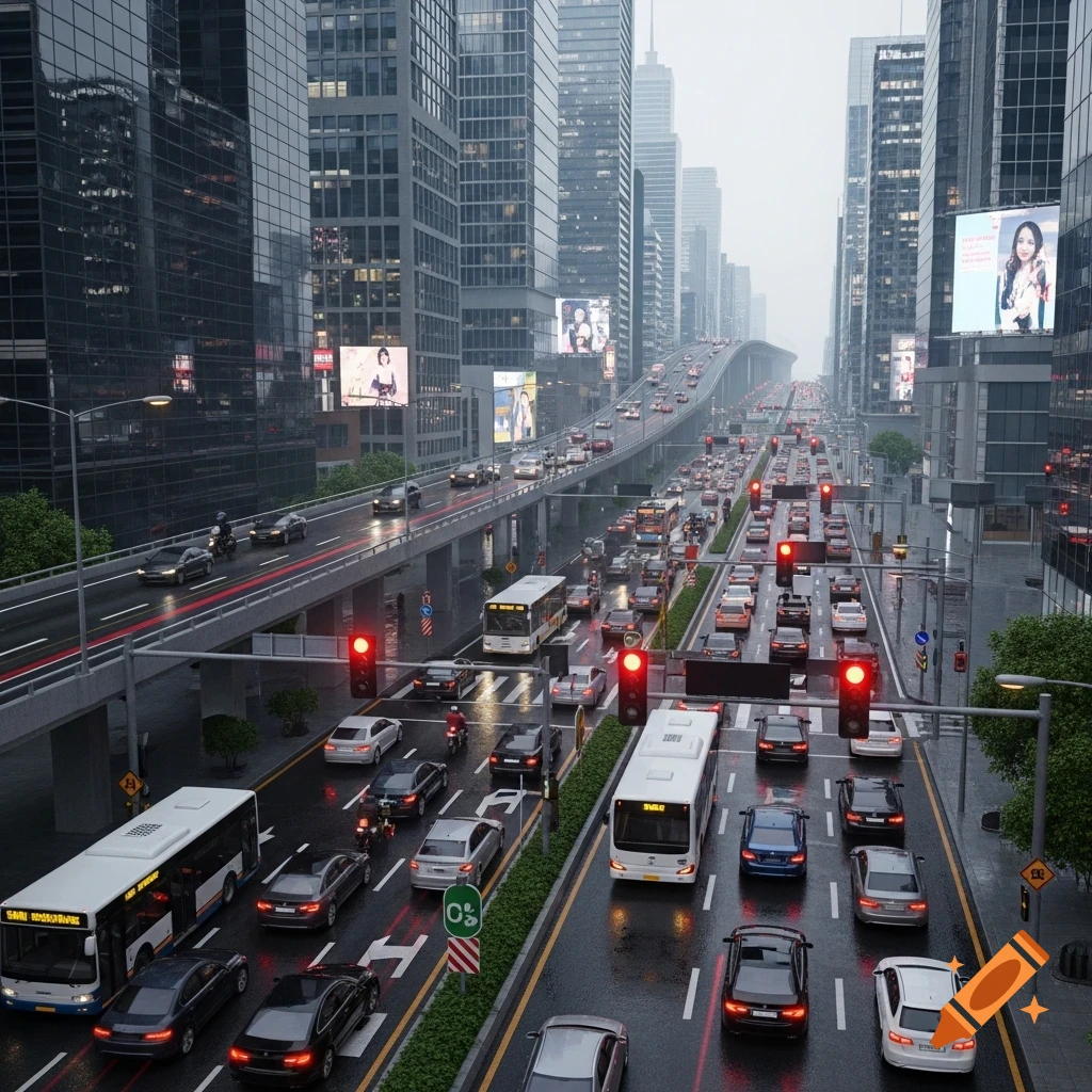 A photorealistic 3D render of a bustling city street filled with heavy traffic on a wet, rainy day. Modern skyscrapers line both sides of the road, and an elevated highway runs parallel.