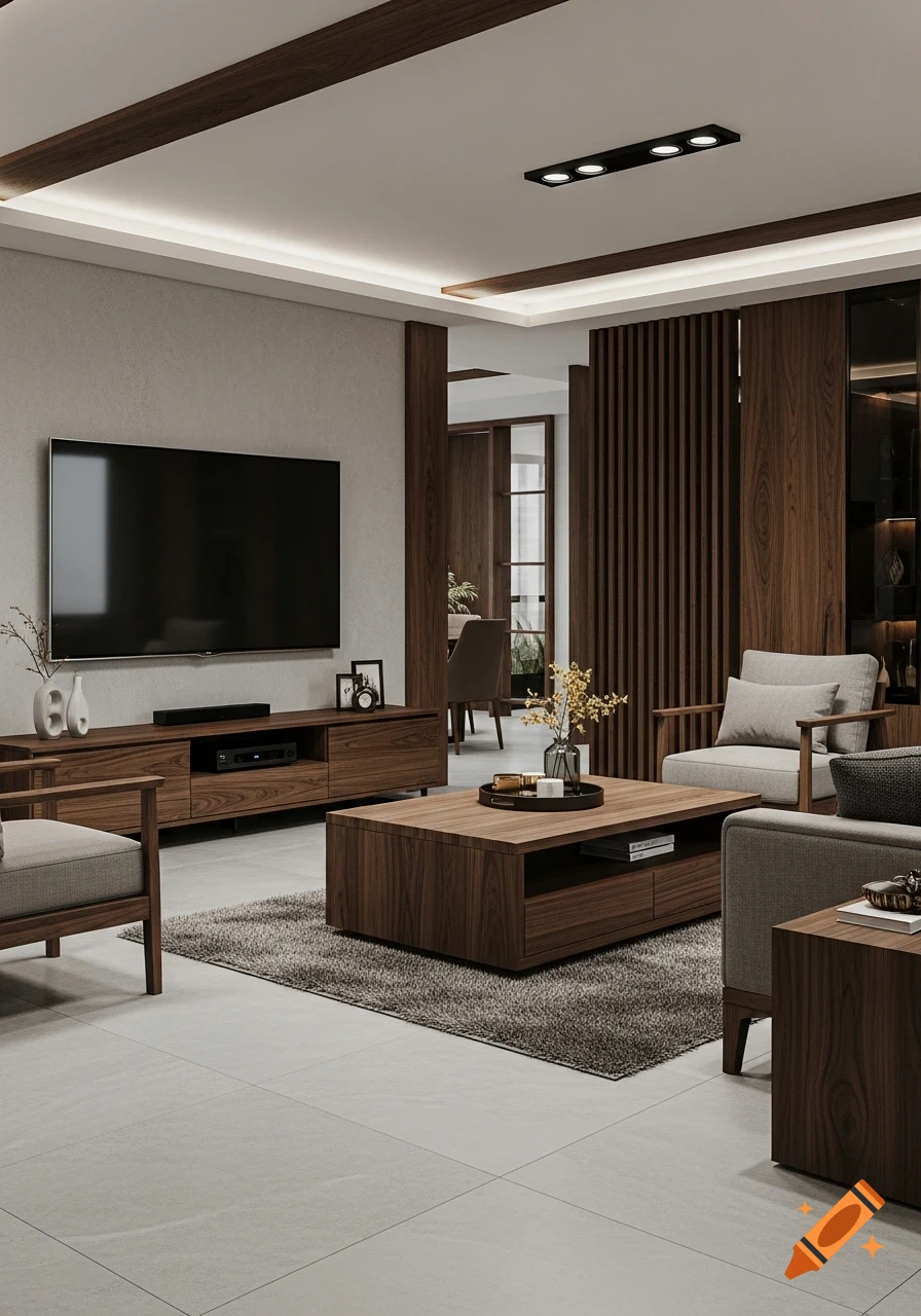 A modern living room featuring light gray tile flooring, dark wood furniture including a coffee table and TV stand, and a large black television.