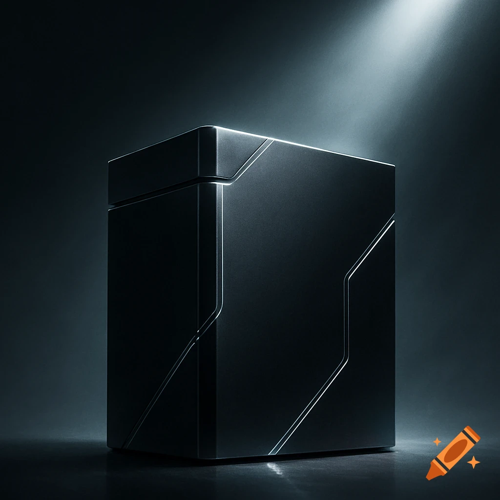 A sleek black metal box with silver glowing lines, spotlit from above, against a dark background, in a product shot style.