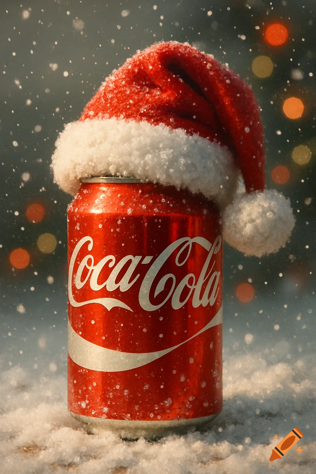 A photorealistic Coca-Cola can with a Santa hat on top, covered in snow, with bokeh lights in the background.