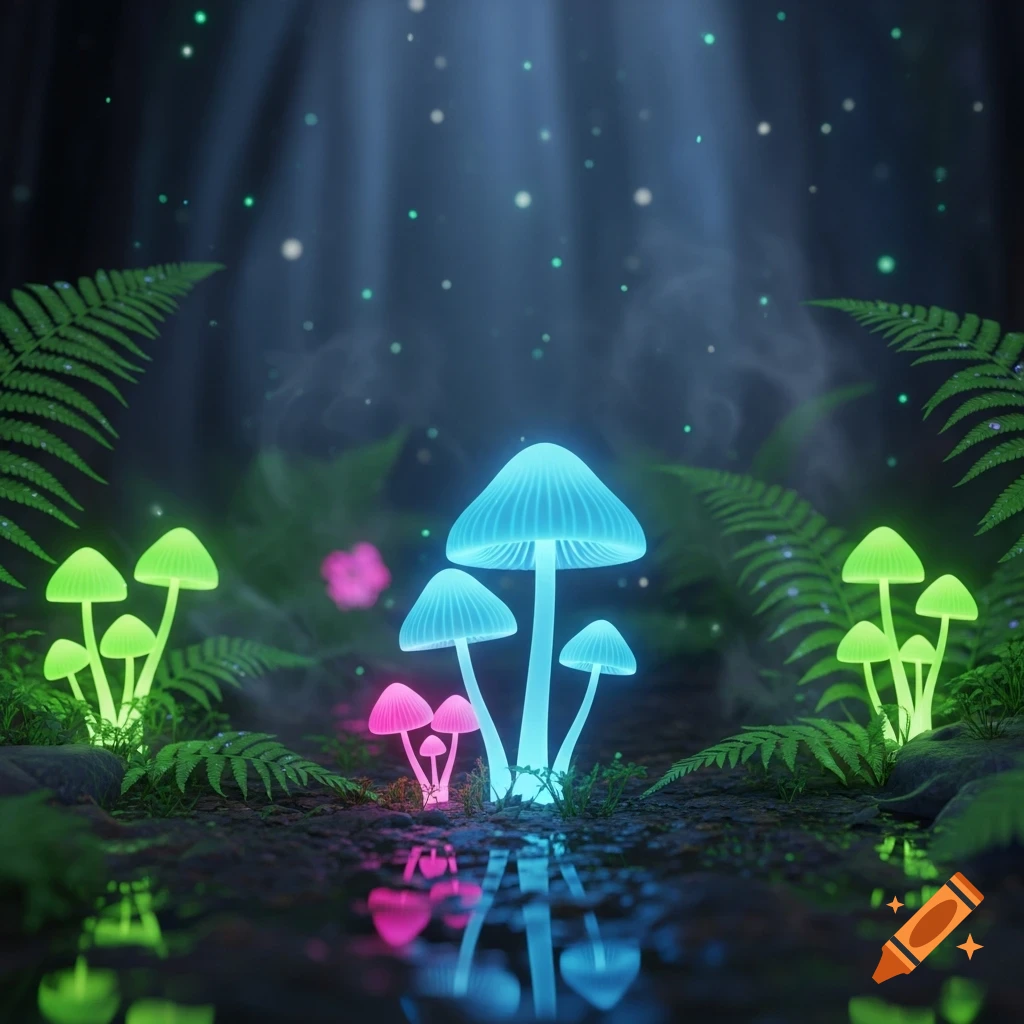 Glowing blue, green, and pink mushrooms in a dark, misty forest with light rays and ferns.