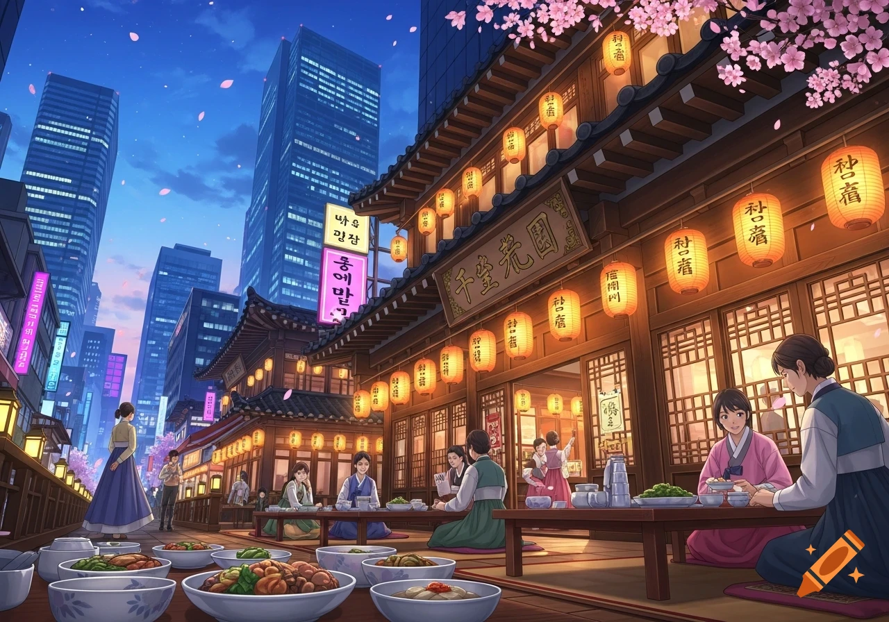 An anime-style image of a traditional South Korean restaurant with patrons in hanbok, cherry blossoms, and modern skyscrapers in the background at dusk.