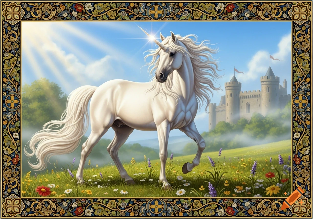 A majestic white unicorn stands in a sunny, flower-filled meadow with a castle in the background, framed by an ornate medieval border.