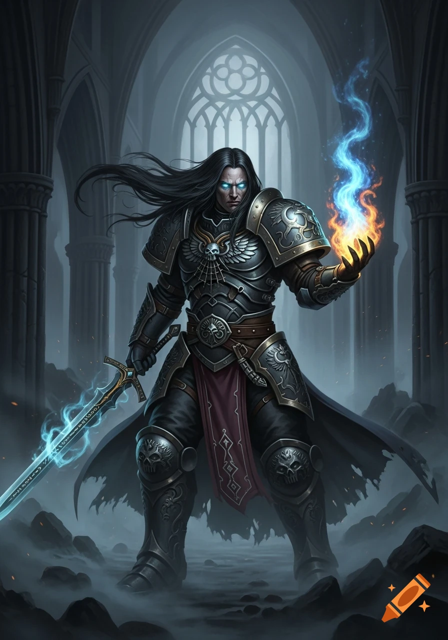 A dark-haired fantasy warrior in ornate armor with glowing blue eyes holds a glowing sword and a ball of blue and orange fire in a dark, gothic cathedral.