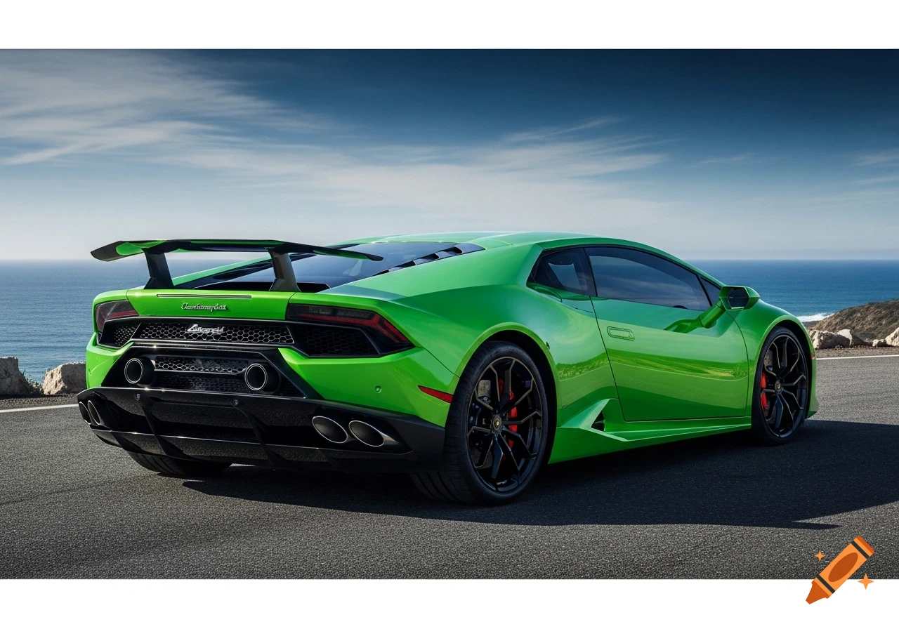 Rear view of a bright green Lamborghini Hurac an with a spoiler on a coastal road, ocean in the background.