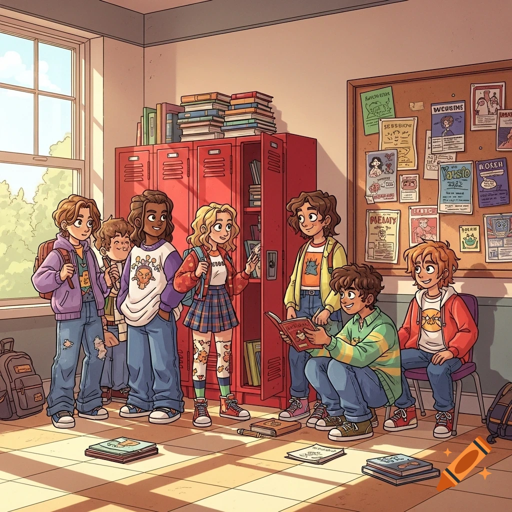 A group of diverse, cartoon-style teenagers in a sunny high school hallway with lockers, a bulletin board, and scattered books.