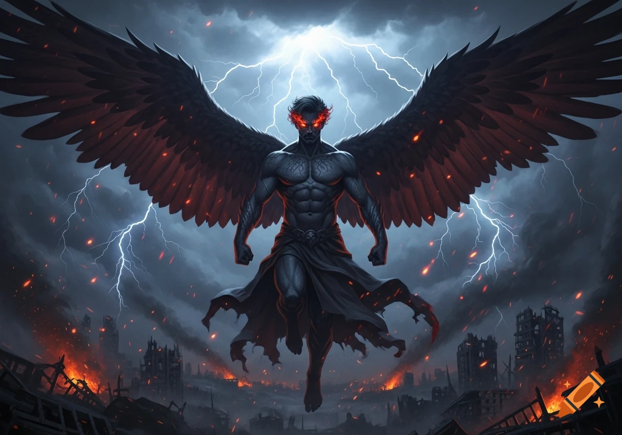 A muscular dark angel with large black wings and glowing red eyes hovers above a burning, ruined city under a stormy, lightning-filled sky.
