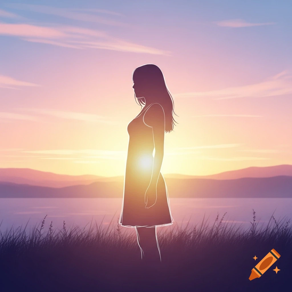 Silhouette of a woman in a dress stands against a vibrant pink and orange sunset over mountains and a body of water, with grass in the foreground.