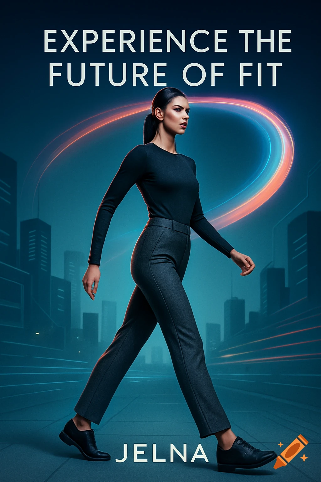 Photorealistic ad featuring a woman in black top and dark pants striding in a futuristic city, with text 'EXPERIENCE THE FUTURE OF FIT' and 'JELNA'.