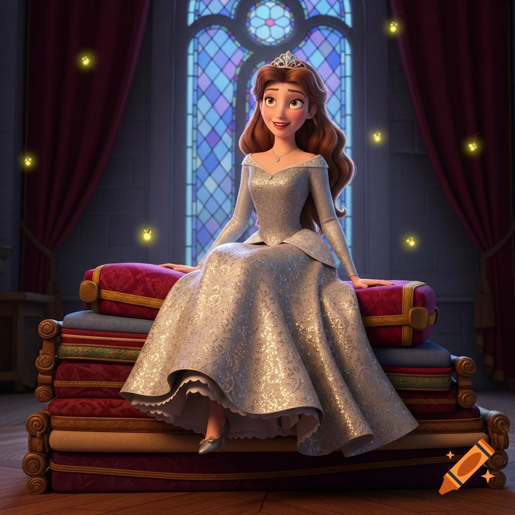 A 3D animated princess with long brown hair in a shimmering silver gown sits on a stack of mattresses in a castle room with a stained glass window.