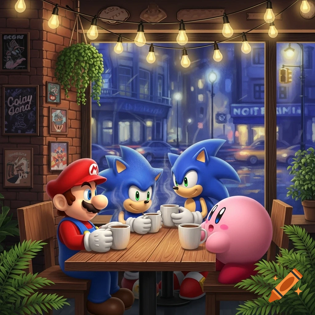 Mario, two Sonics, and Kirby sit at a wooden table in a cozy coffee shop at night, holding mugs, with city lights visible outside a large window.