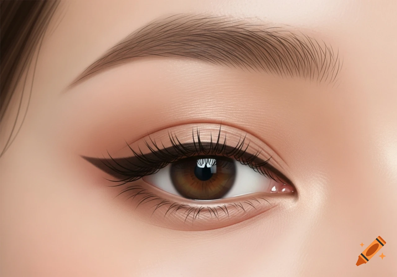 Close-up beauty illustration of an eye with brown eyeliner, long lashes, a subtle brown eyeshadow, and a well-groomed eyebrow.