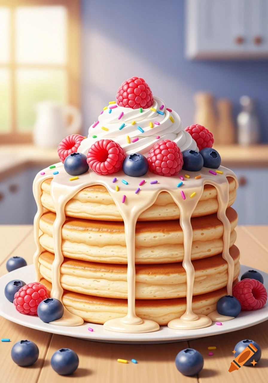 A tall stack of golden pancakes with white icing, whipped cream, raspberries, blueberries, and colorful sprinkles on a kitchen counter.