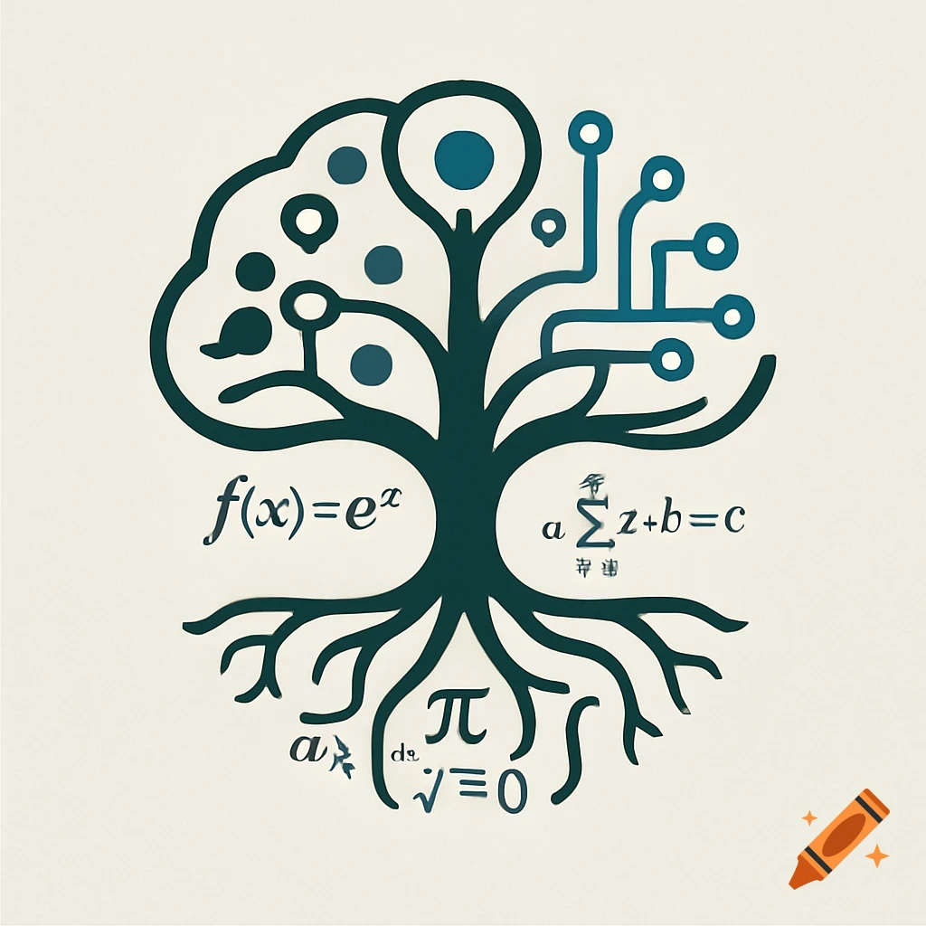 A stylized tree logo with roots depicting mathematical symbols and branches forming a circuit board pattern with nodes, on a light background.