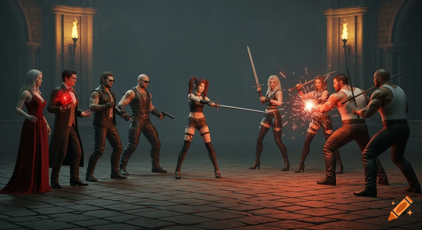 Vampire heroes and cultist enemies engage in a dark fantasy battle scene within a gothic courtyard, 3D render.