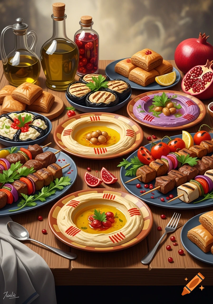 A vibrant spread of Middle Eastern dishes, including kebabs, hummus, baklava, grilled vegetables, pomegranates, and olive oil on a wooden table, photorealistic style.