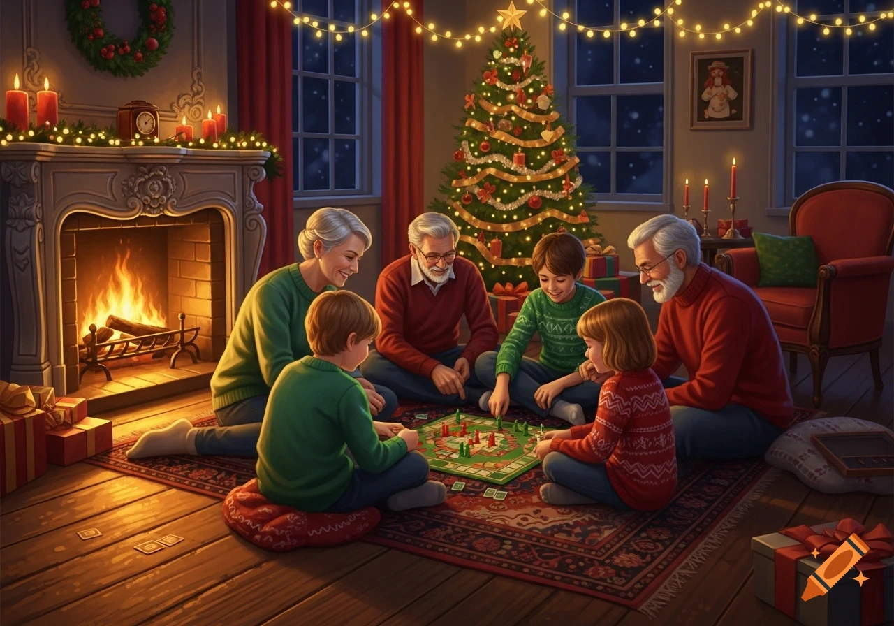 A multi-generational family playing a board game in a cozy Christmas living room with a fireplace and decorated tree.