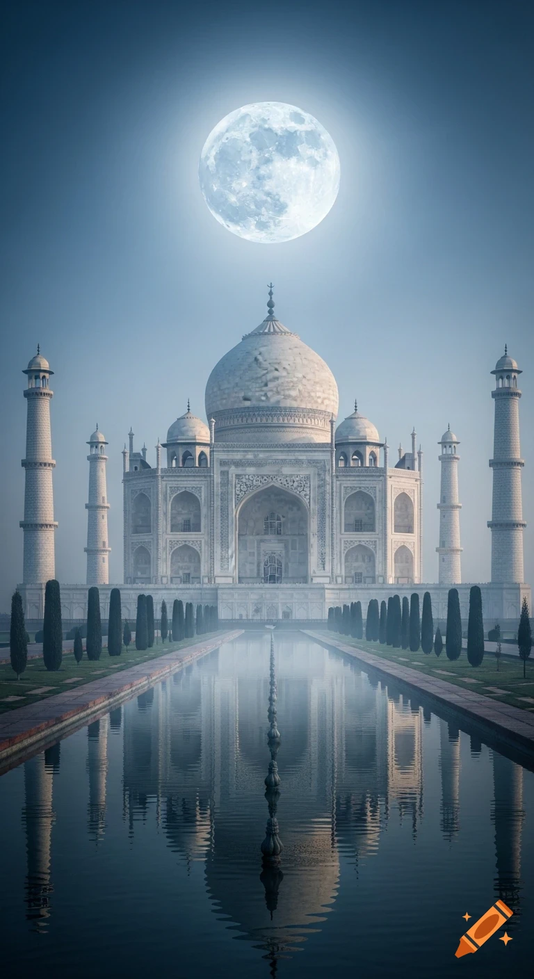 A breathtaking, cinematic shot of the Taj Mahal glowing under a bright full moon, with soft reflections on the misty water.