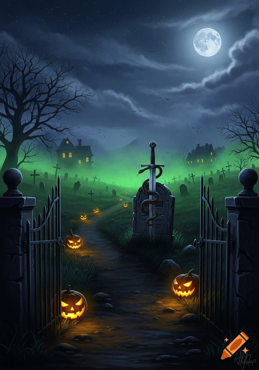 Illustrative Halloween graveyard scene with glowing pumpkins lining a path to a gravestone with a sword and snake under a full moon.