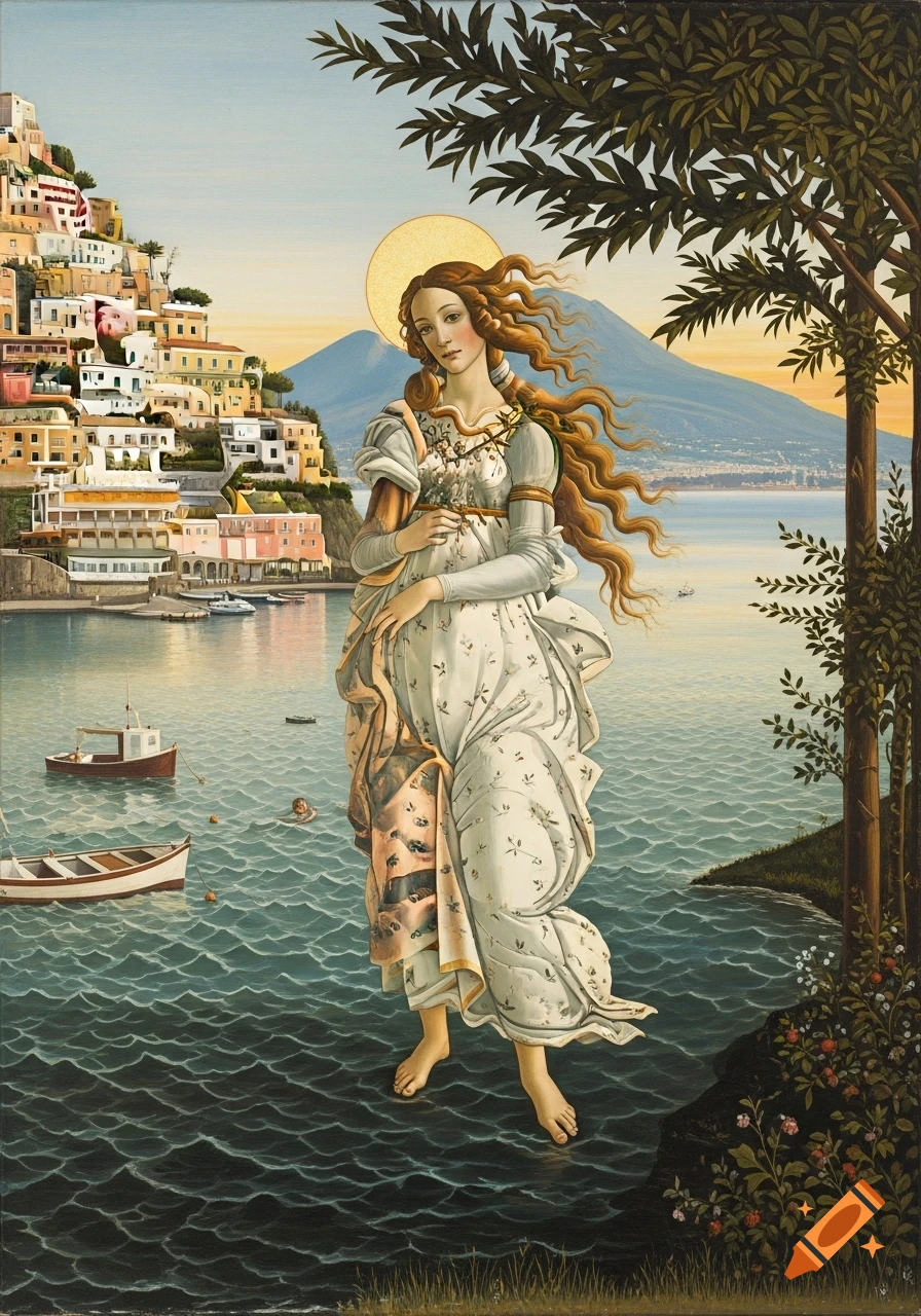 A Botticelli-style painting of Venus rising from the sea, with colorful Positano-like houses and Mount Vesuvius in the background.