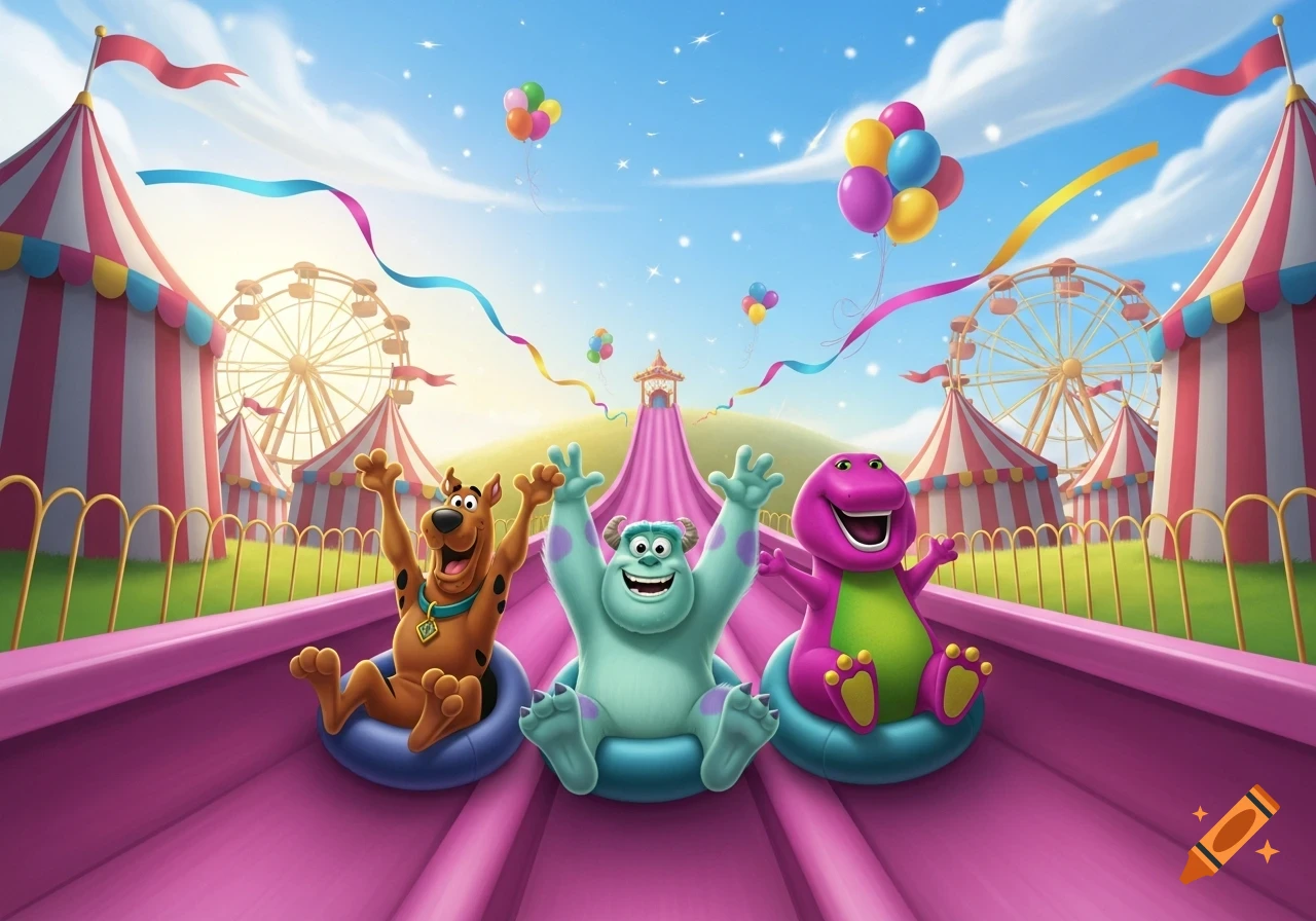 Scooby-Doo, Sully, and Barney happily slide down a magenta water slide at a vibrant carnival, with Ferris wheels and tents in the background.