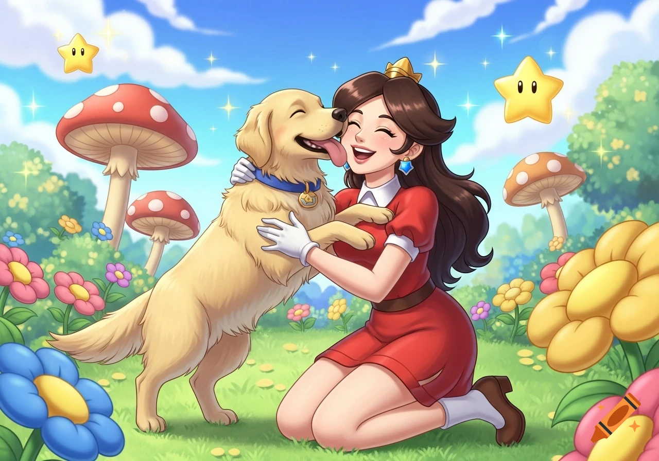 Pauline from Mario, kneeling in a vibrant, flowery field with Mario mushrooms and stars, hugs a happy Golden Retriever licking her face, in a cartoon illustration style.