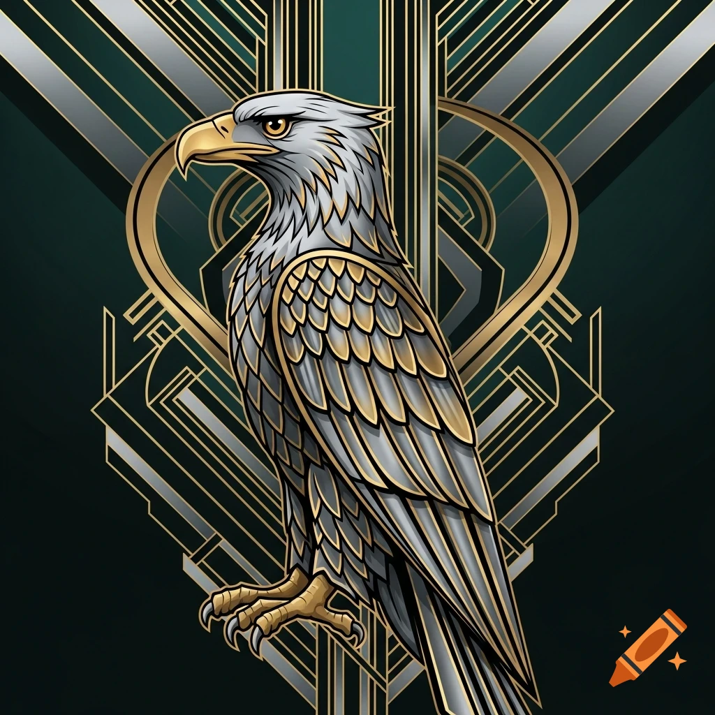 An Art Deco style illustration of an eagle with gold and silver feathers on a dark green geometric background.