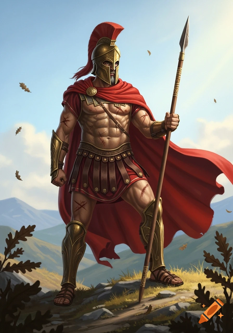 A muscular Spartan warrior in a gold helmet, red cape, and armor stands with a spear on a rocky hill under a blue sky.