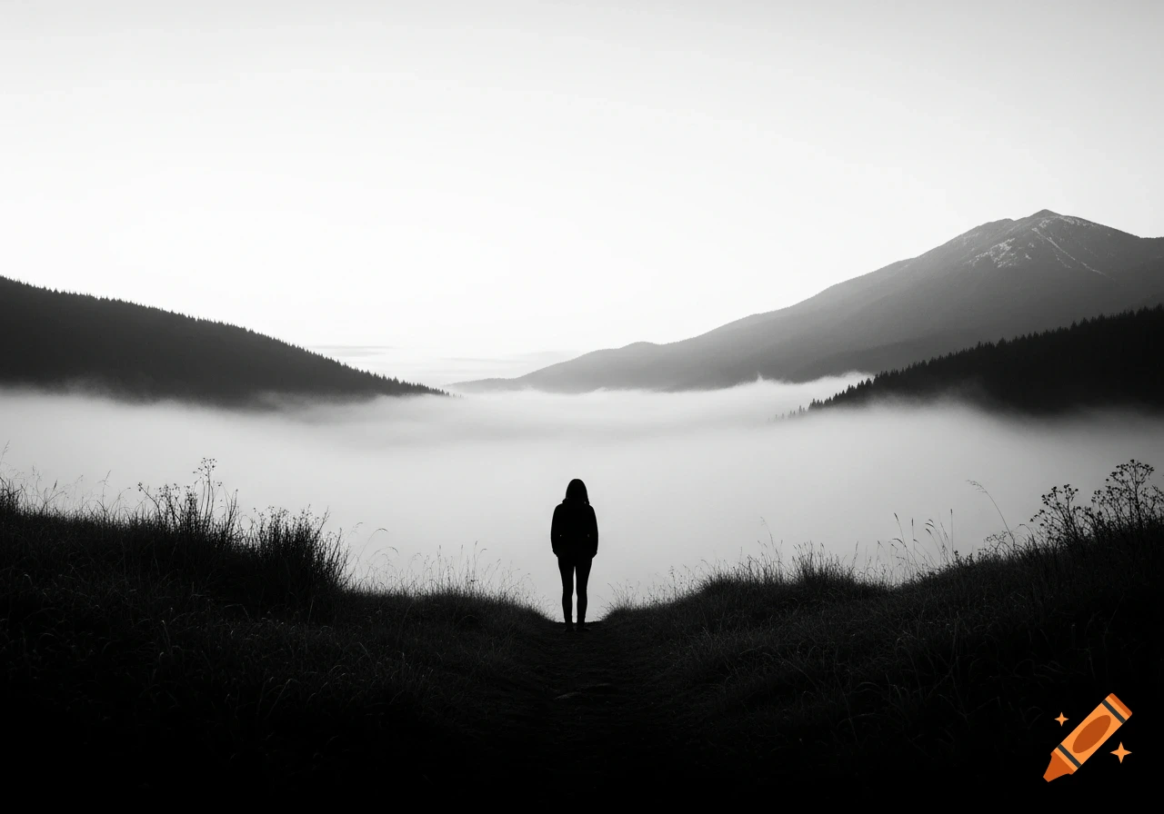 A solitary figure stands on a grassy ridge, looking out over a valley filled with thick fog and distant mountains, in a high-contrast black and white photograph.