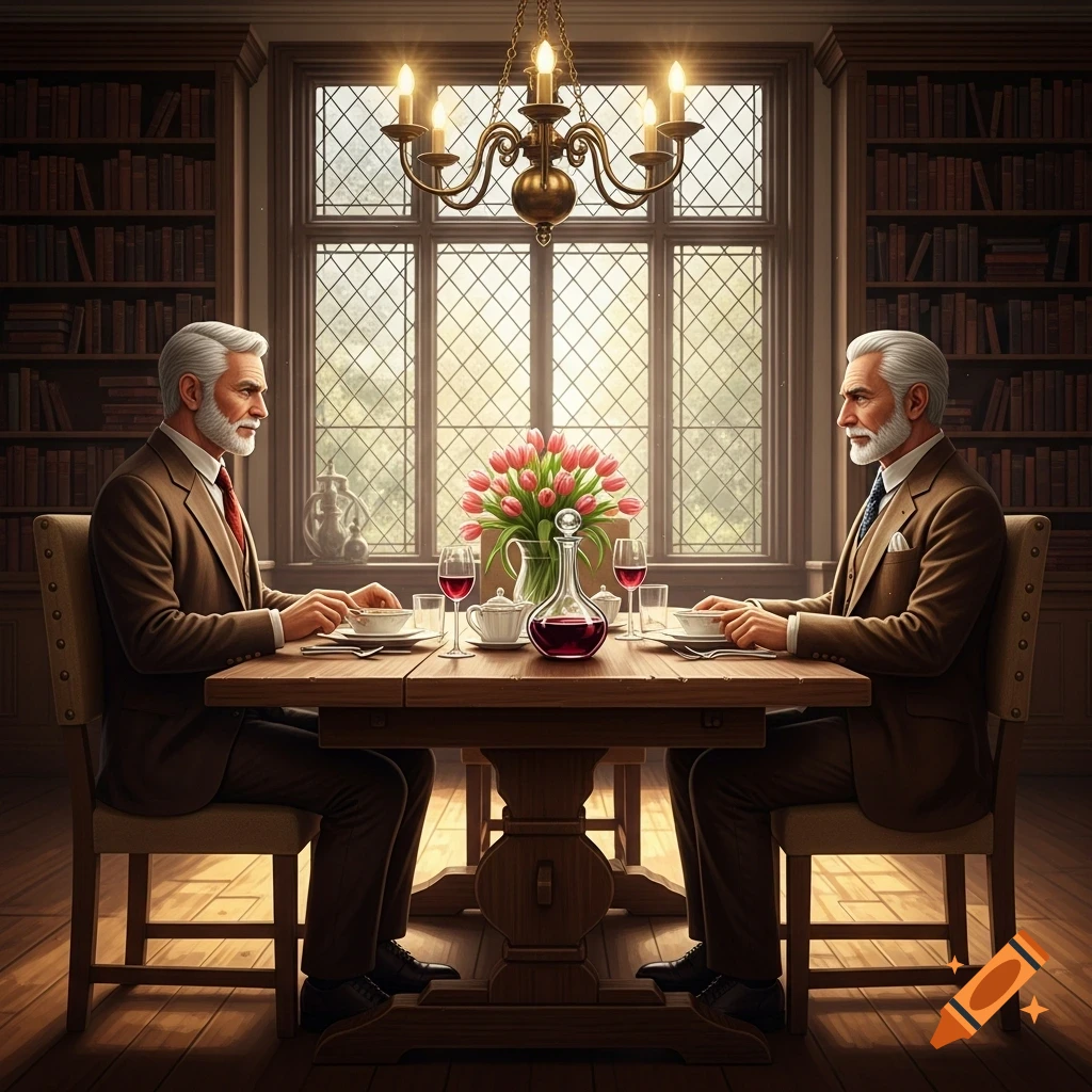 Two well-dressed men with beards dine at a formal wooden table in a grand library with a large window, a bouquet of tulips, and wine.