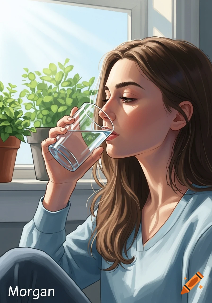 An illustrated portrait of a young woman with long brown hair, wearing a light blue shirt, drinking water from a glass by a window with potted plants.
