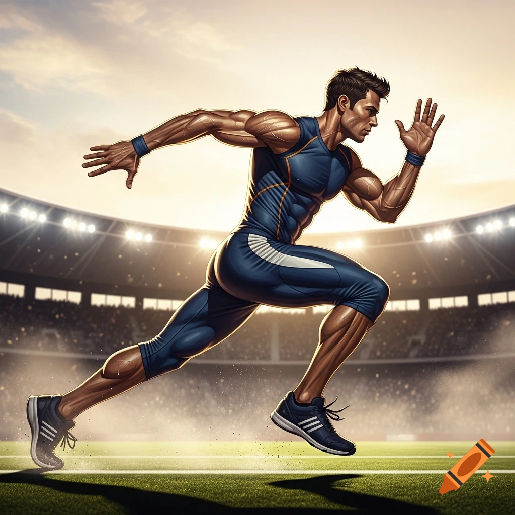 Muscular male athlete sprinting on a stadium track, dynamic stylized illustration.