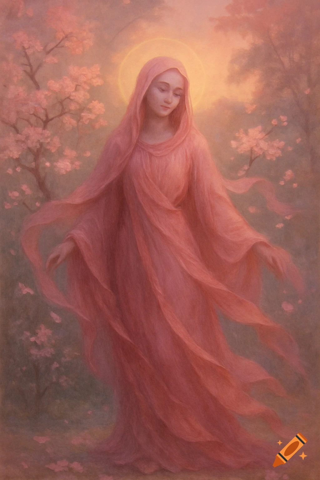 Ethereal painting of a serene woman in flowing pink robes, with a halo, among pink cherry blossoms.