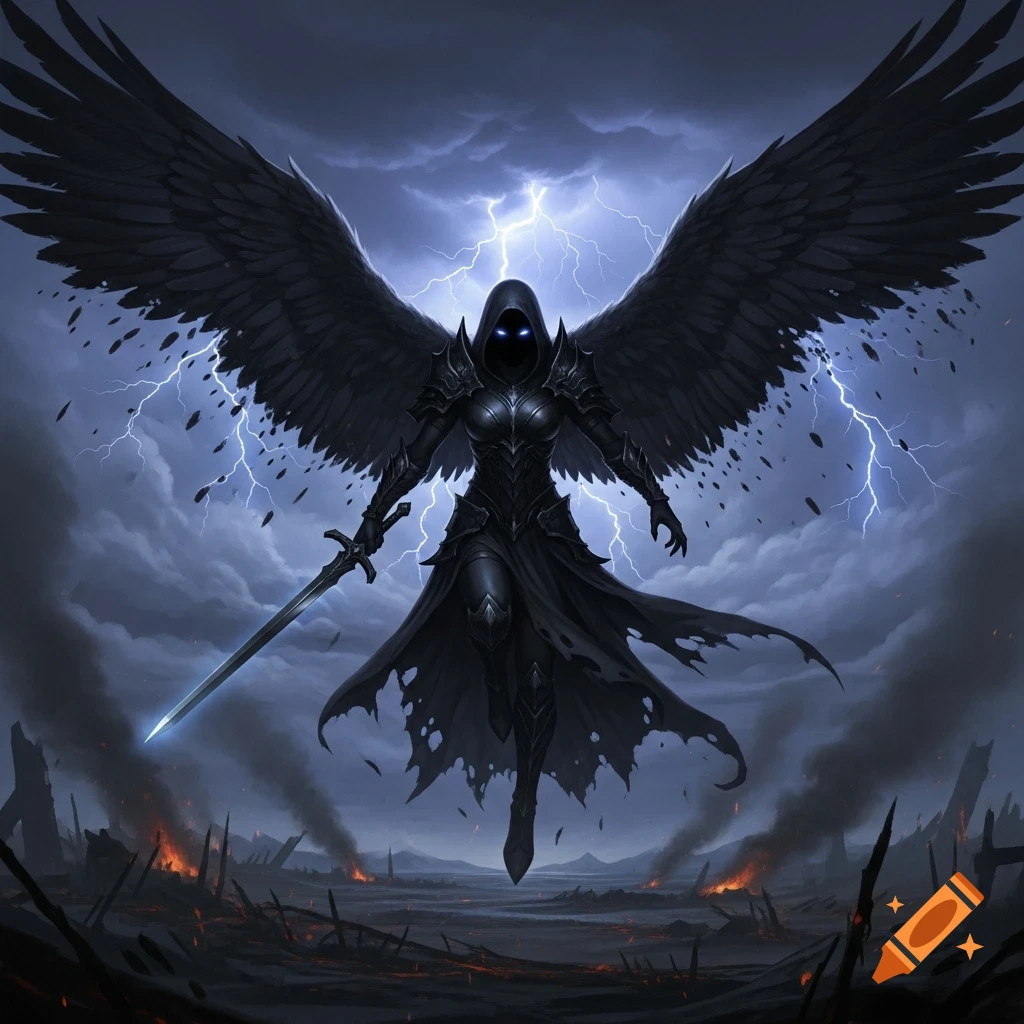 A dark angel with large black wings and glowing blue eyes hovers with a sword over a fiery, apocalyptic landscape under a stormy, lightning-filled sky.