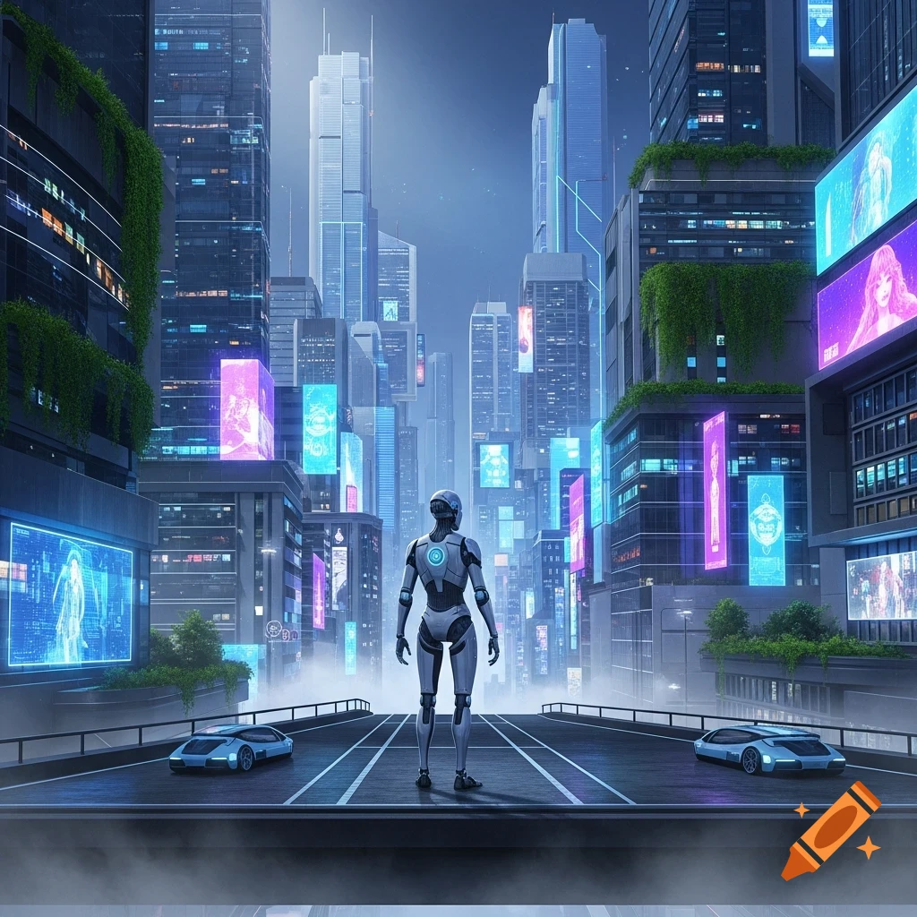 A robot stands on a bridge overlooking a neon-lit futuristic city with two cars, surrounded by skyscrapers and glowing billboards.