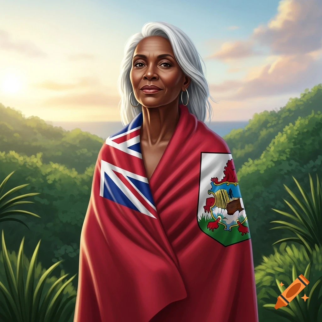 A beautiful brown woman with white and gray hair wrapped in a Bermuda flag, set against a tropical sunset landscape.